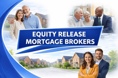 Promotional graphic for equity release mortgage brokers showing older homeowners and couples speaking with a professional adviser, set against modern suburban homes and blue curved design elements, conveying trusted financial guidance without currency imagery.