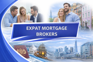 Expat couple smiling in an overseas city setting while consulting with a mortgage adviser, representing expat mortgage support and cross-border property financing.