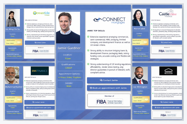 High resolution digital collage featuring five mortgage adviser profile cards on a blue background. The central card displays Jamie Gardner with a clear headshot, Connect Mortgages logo, detailed top skills section, contact buttons, and FIBA membership badge. Four additional adviser cards are positioned around the centre, each showing a professional headshot, company logo, location listed as Essex, CeMAP qualification, appointment options, and contact buttons. The layout is balanced with the middle profile fitting neatly in the centre without overlapping other cards, and all text and logos are sharp and clearly readable.