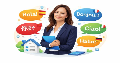 A businesswoman holding a clipboard stands in front of colourful speech bubbles saying Hola, Bonjour, Ciao, Hallo, and 你好, with small country flags, alongside a house icon and calculator, representing multilingual property services.