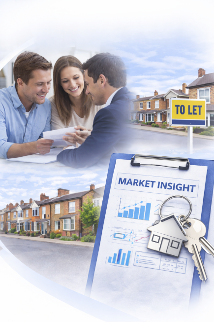 Illustration showing first-time landlords reviewing documents with a property adviser, a UK residential street with a “To Let” sign, and a clipboard displaying market charts and house keys, representing property market insight and investment planning.