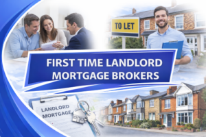 Promotional graphic for first-time landlord mortgage brokers, showing a new landlord reviewing property documents with keys and a rental checklist, alongside advisers discussing a first rental property, using clean blue branding and residential property imagery without money or financial symbols.