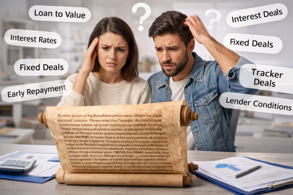 Confused first-time buyer couple sitting at a table, looking at an old scroll covered in unreadable text, with floating mortgage terms such as loan to value, interest rates, fixed deals, tracker deals, and lender conditions surrounding them, symbolising confusion about the mortgage process.