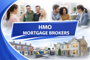 Promotional graphic for HMO mortgage brokers showing shared housing and professional advice, with groups of tenants receiving keys, people discussing mortgages with an adviser, and examples of HMO properties including terraced houses, converted buildings, and a shared living space, framed by blue design elements.