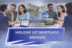 Young couples meeting with mortgage advisers in a modern office setting, reviewing holiday let mortgage options, with images of traditional UK cottages in the background representing domestic holiday properties.