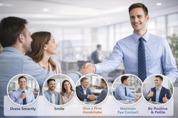 Professional office scene showing a mortgage broker greeting clients during their first appointment. The broker, dressed in a light blue shirt and navy tie, is smiling and shaking hands with a male client while a female client looks on positively. The setting is a bright, modern office with a blurred background. Along the bottom are five circular photographic icons with clear text labels: Dress Smartly, Smile, Give a Firm Handshake, Maintain Eye Contact, and Be Positive and Polite. Each image shows realistic human interactions related to making a strong first impression in a mortgage consultation.