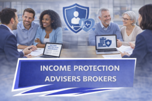 Income protection advisers meeting with clients in two professional office settings, showing mixed-age couples discussing cover options with advisers, with blue protection icons symbolising income security and long-term financial support.