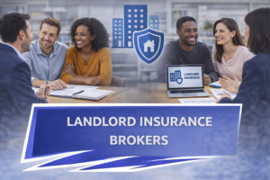 Two different mixed couples meeting with insurance advisers in a modern office setting, discussing landlord insurance options, with residential buildings and a home protection shield icon in the background.