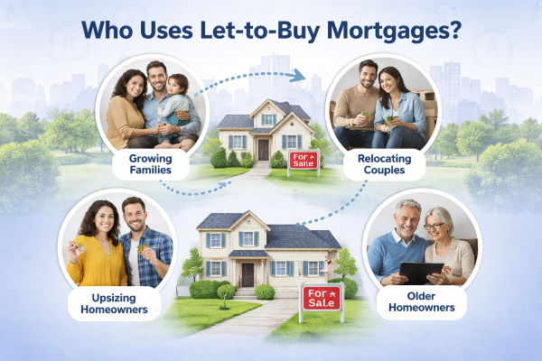 Illustrated infographic showing who uses let-to-buy mortgages, featuring homeowners transitioning between two properties, with visuals of growing families, relocating couples, upsizing homeowners, and older homeowners connected by arrows between homes marked for sale and to let.
