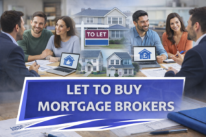 Promotional image for let to buy mortgage brokers showing two separate couples meeting with mortgage advisers at desks, residential houses in the background including a property with a “To Let” sign, and a blue banner reading “Let to Buy Mortgage Brokers,” representing switching a home into rental while purchasing another property.