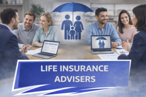 Promotional graphic for life insurance advisers showing two adviser consultations with couples reviewing documents, with a central umbrella icon protecting a family symbol to represent security, protection, and long-term financial planning.