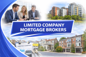 Promotional graphic for limited company mortgage brokers showing business professionals discussing documents, modern apartment buildings, and residential investment properties, framed by blue design elements with a central banner reading “Limited Company Mortgage Brokers.”
