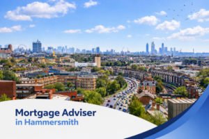 Bright summer view over Hammersmith, London, showing a clear blue sky, green trees, and a busy road leading towards the city skyline, with a white and blue curved banner at the bottom displaying the text “Mortgage Adviser in Hammersmith”.