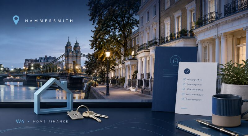 Mortgage Adviser in Hammersmith with local riverside homes, Hammersmith Bridge, house keys and mortgage planning documents.