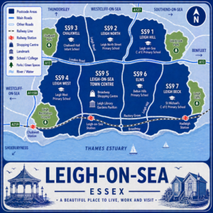 A square, blue-themed postcode map of Leigh-on-Sea in Essex, styled with curved branded borders. The map highlights postcode area SS9, including subdivisions such as SS9 1 (Leigh Hill), SS9 2 (Leigh North), SS9 3 (Chalkwell), SS9 4 (Leigh West), SS9 5 (Leigh-on-Sea town centre), SS9 6 (Elms), and SS9 7 (Leigh Beck). Major roads such as the A13, A1158, A259, and London Road are labelled. Leigh-on-Sea town centre is marked near the middle, with Leigh-on-Sea Station, Chalkwell Station, and Hadleigh Station indicated. Key landmarks such as Broadway Shopping Centre, Leigh Library Gardens Pavilion, and local schools are shown. Nearby areas including Westcliff-on-Sea, Southend-on-Sea, Benfleet, and Hadleigh are labelled. Green spaces such as Chalkwell Park, Leigh Recreation Ground, Glenbrook Park, and Leigh Cliffs are shown in green, with the Thames Estuary running along the southern edge. The design uses layered blue tones with white text and clean boundary lines for clarity.