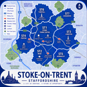A square, blue-themed postcode map of Stoke-on-Trent in Staffordshire, styled with curved branded borders. The map highlights postcode areas ST1, ST2, ST3, ST4, ST5, ST6, and ST7. Major roads such as the M6, A50, A500, A520, and A527 are labelled. Stoke-on-Trent city centre (ST1) is marked near the middle, with Stoke-on-Trent, Longport, Longton, and Stoke-on-Trent Parkway stations indicated. Key landmarks such as intu Potteries Centre, Victoria Hall, Gladstone Pottery Museum, and Staffordshire University are shown. Nearby areas including Newcastle-under-Lyme, Kidsgrove, Biddulph, Cheadle, and Stone are labelled. Green spaces such as Trentham Gardens, Hartshill Park, Apedale Community Country Park, and Mow Cop are shown in green. The design uses layered blue tones with white text and clean boundary lines for clarity.
