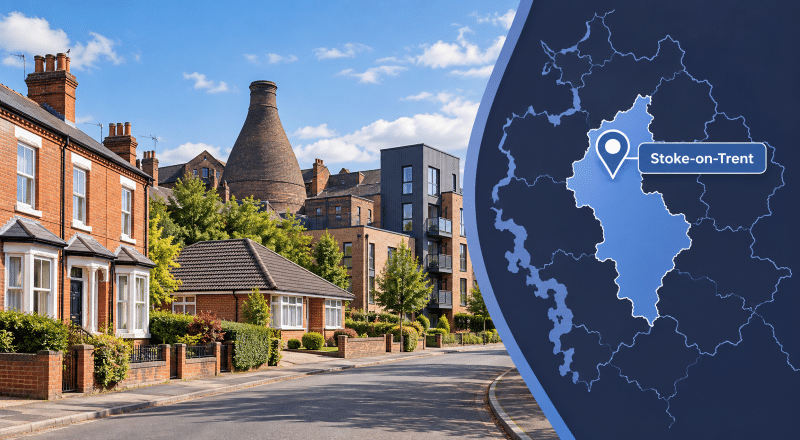 Mortgage Adviser in Stoke-On-Trent hero image featuring a Stoke-on-Trent residential street, traditional bottle kiln, mixed housing and a location map with pin.