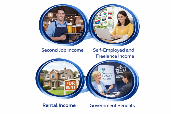 Four circular photographic images connected by blue curved graphics on a white background. The top left shows a man working a second job serving drinks in a pub. The top right shows a woman working on a laptop at home representing self employed and freelance income. The bottom left shows a real UK house with a for rent sign representing rental income. The bottom right shows two people in conversation at a UK government office with Department for Work and Pensions and GOV UK signage representing government benefits.