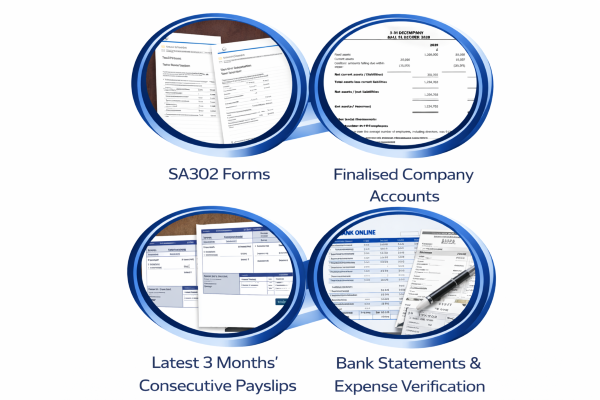 Four circular document themed images connected by blue curved graphics on a white background. The top left shows SA302 tax calculation forms with updated financial figures. The top right shows finalised company accounts with revised balance sheet data. The bottom left shows three consecutive payslips displayed together. The bottom right shows bank statements alongside receipts and a pen representing expense verification.