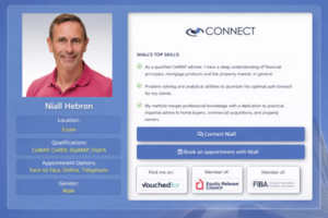 marketing profile card for Niall Hebron on a blue gradient background. On the left is a professional headshot of a smiling middle aged man with short light brown and grey hair wearing a pink polo shirt. Below the photo, his name Niall Hebron appears in large white text. A panel lists details: Location Essex, Qualifications CeMAP CeRER DipMAP DipFA, Appointment Options Face to face Online Telephone, and Gender Male. On the right is a white card with the Connect logo at the top. A section titled Niall’s Top Skills lists three bullet points with green check icons describing his CeMAP qualification, analytical problem solving skills, and commitment to practical impartial advice for home buyers, commercial acquisitions and property owners. Below are two blue buttons labelled Contact Niall and Book an appointment with Niall. At the bottom are three badges: VouchedFor under Find me on, Equity Release Council under Member of, and FIBA Financial Intermediary and Broker Association under Member of.