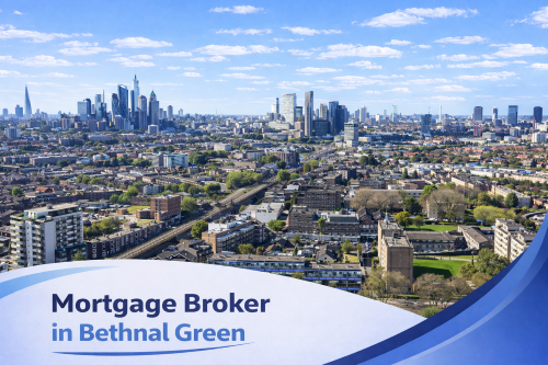 Bright summer aerial view of Bethnal Green showing residential buildings, green spaces and the London skyline in the distance under a clear blue sky, with a white and blue curved banner at the bottom displaying the text “Mortgage Broker in Bethnal Green”.