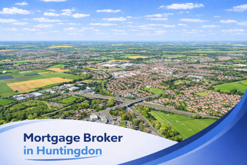 Bright summer aerial view of Huntingdon showing residential areas, town centre buildings and surrounding green countryside under a clear blue sky, with a white and blue curved banner at the bottom displaying the text “Mortgage Broker in Huntingdon”.
