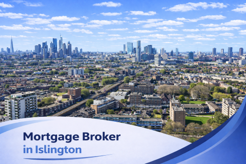 Bright summer aerial view of Islington showing residential buildings, green spaces and the London skyline in the distance under a clear blue sky, with a white and blue curved banner at the bottom displaying the text “Mortgage Broker in Islington”.