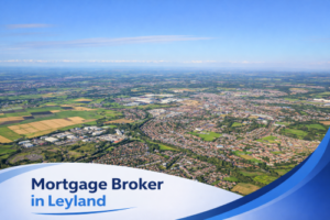 Bright summer aerial view of Leyland showing residential neighbourhoods, town centre buildings and surrounding green countryside under a clear blue sky, with a white and blue curved banner at the bottom displaying the text “Mortgage Broker in Leyland”.