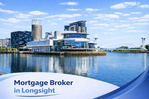 Bright summer waterfront view of modern buildings and a white arched bridge reflected in calm blue water under a clear sky, with a white and blue curved banner at the bottom displaying the text “Mortgage Broker in Longsight”.