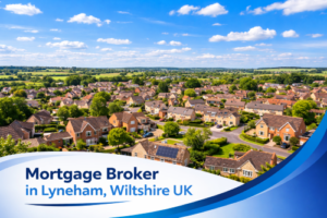Bright summer aerial view of residential houses in Lyneham, Wiltshire surrounded by green countryside under a clear blue sky, with a white and blue curved banner at the bottom displaying the text “Mortgage Broker in Lyneham, Wiltshire UK”.