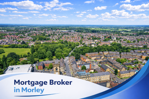 Bright summer aerial view of Morley town centre featuring stone buildings, residential streets and green parkland under a clear blue sky, with a white and blue curved banner at the bottom displaying the text “Mortgage Broker in Morley”.