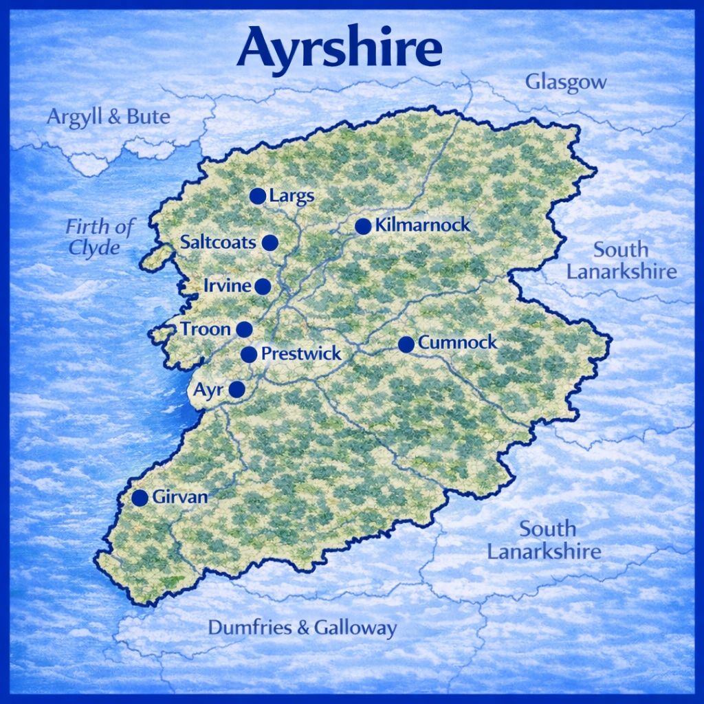 Map of Ayrshire the UK with mortgage brokers in their respective location
