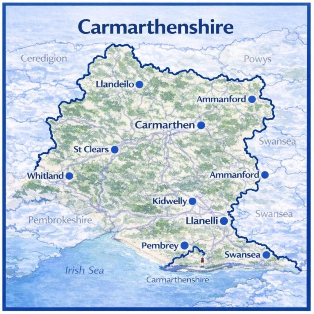Map of Carmarthenshire the UK with mortgage brokers in their respective location