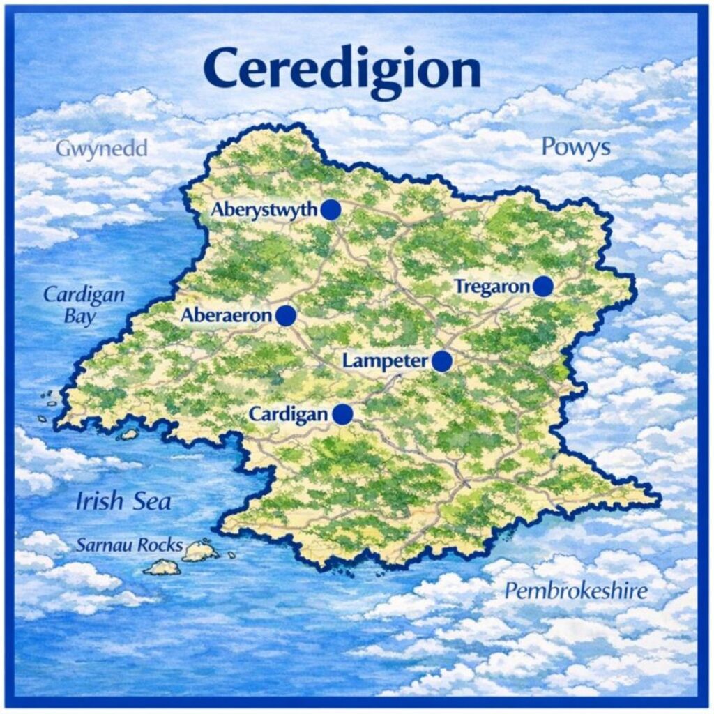 Map of Ceredigion the UK with mortgage brokers in their respective location