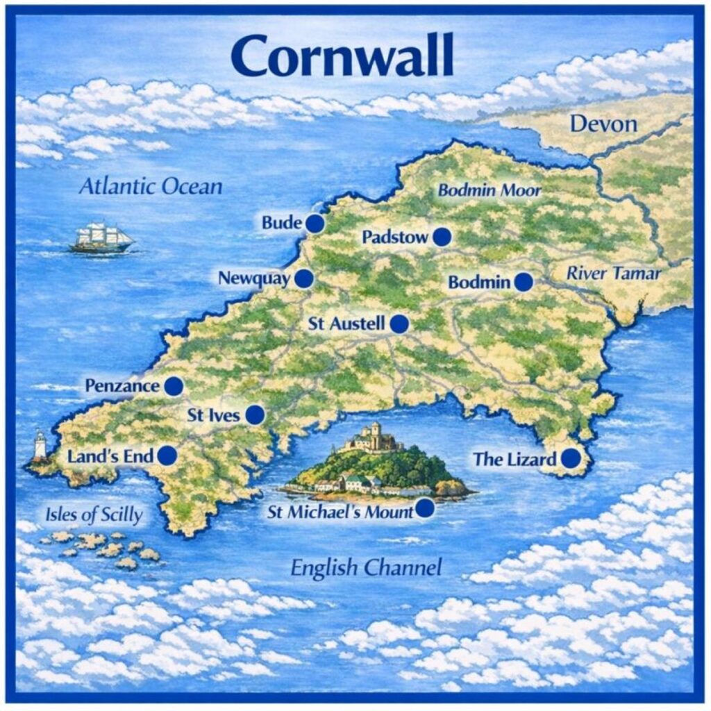 Map of Cornwall the UK with mortgage brokers in their respective location