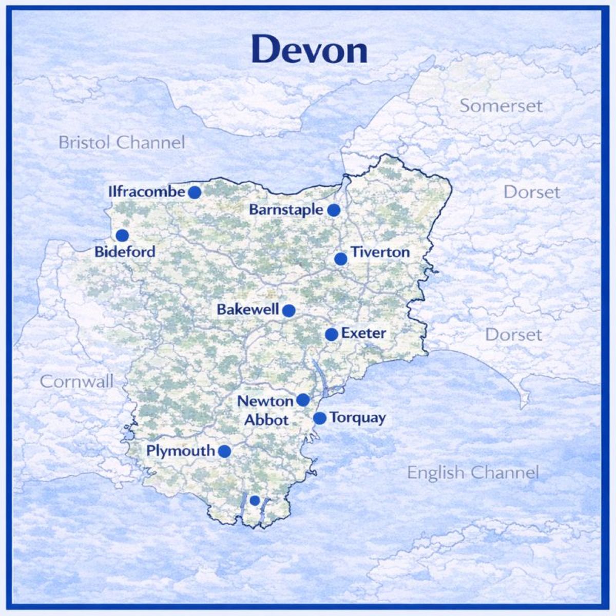 Map of Devon in the UK with mortgage brokers in their respective location