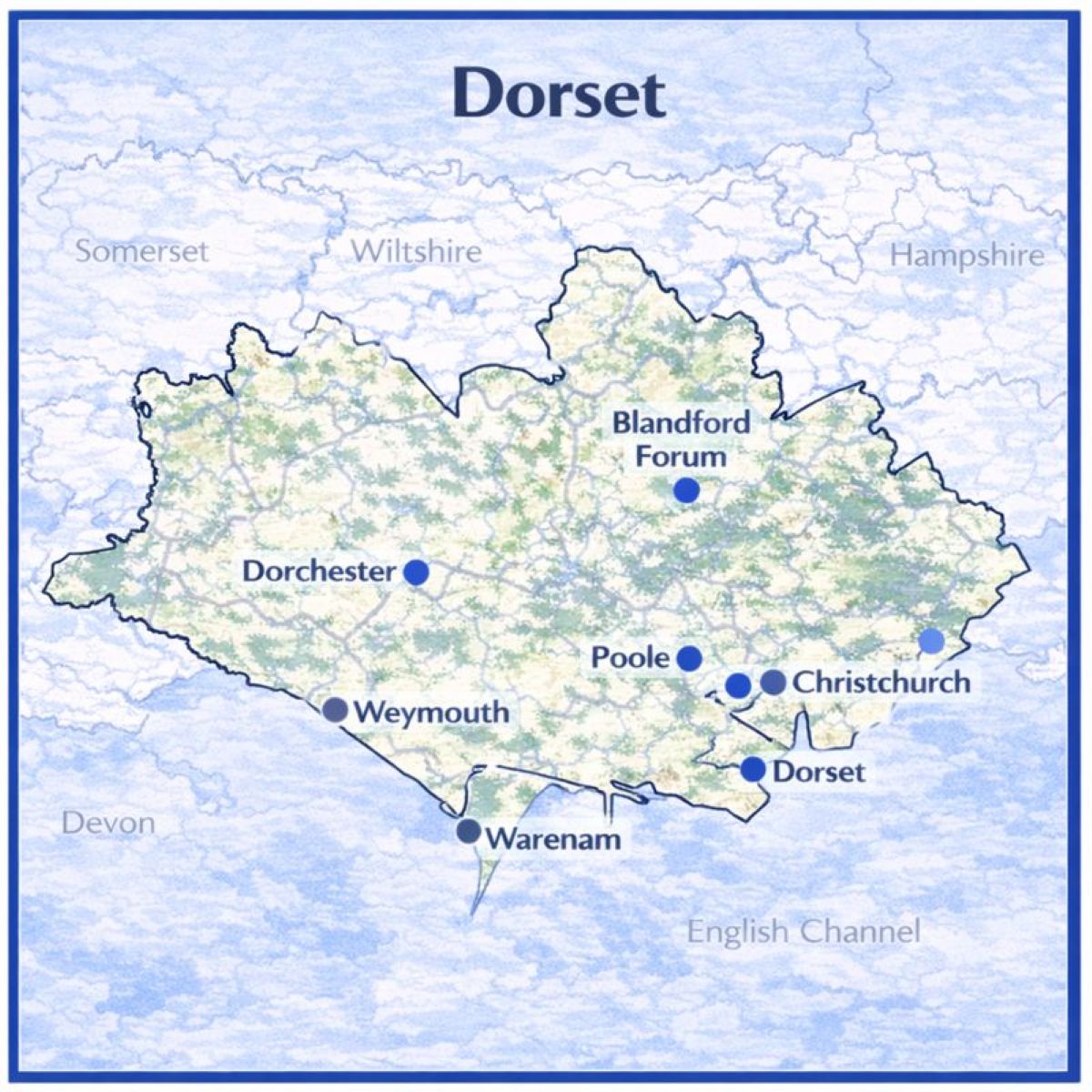 Map of Dorset in the UK with mortgage brokers in their respective location