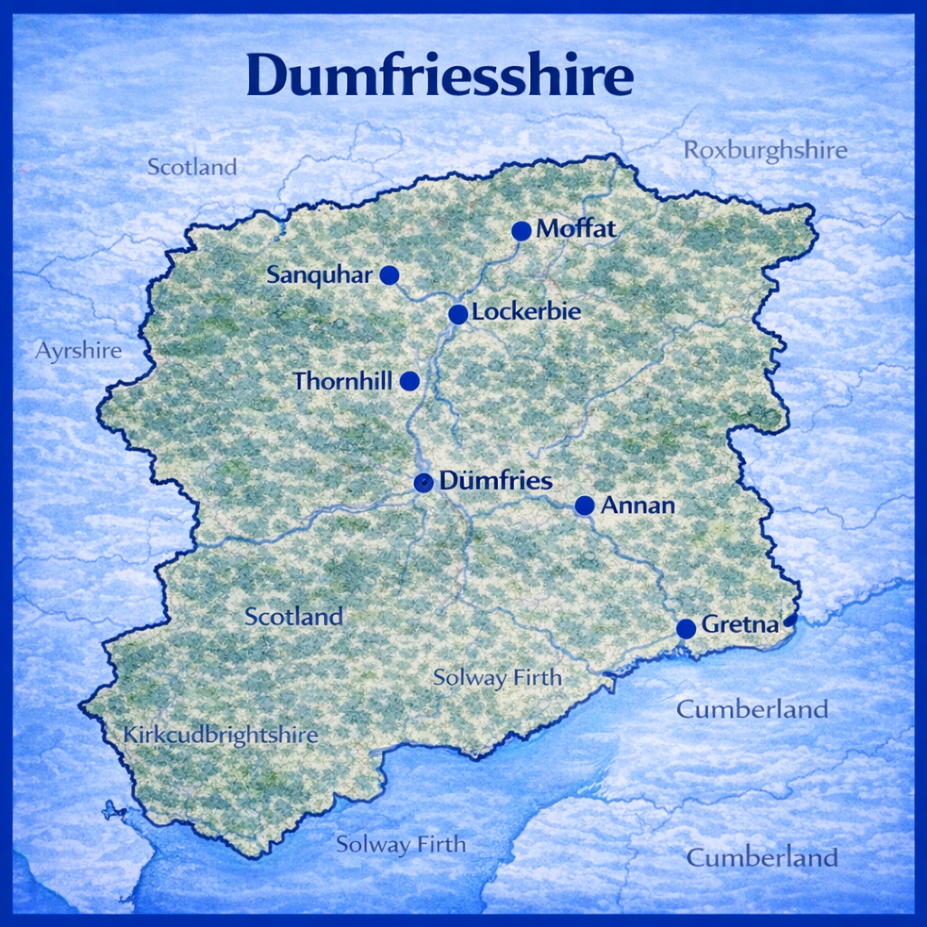Map of Dumfriesshire the UK with mortgage brokers in their respective location