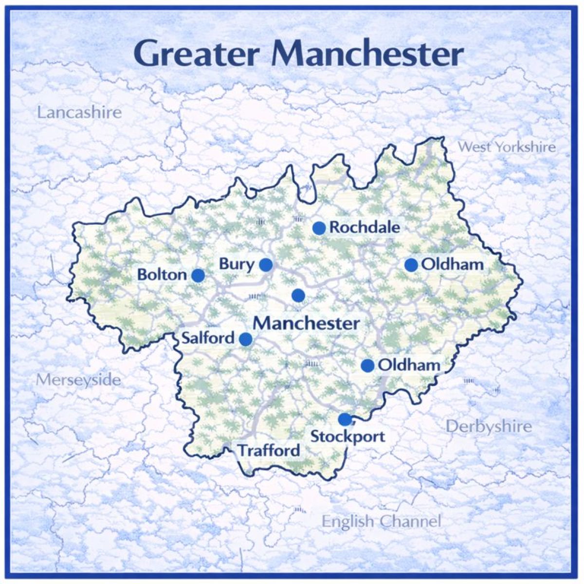 Map of Greater Manchester in the UK with mortgage brokers in their respective location