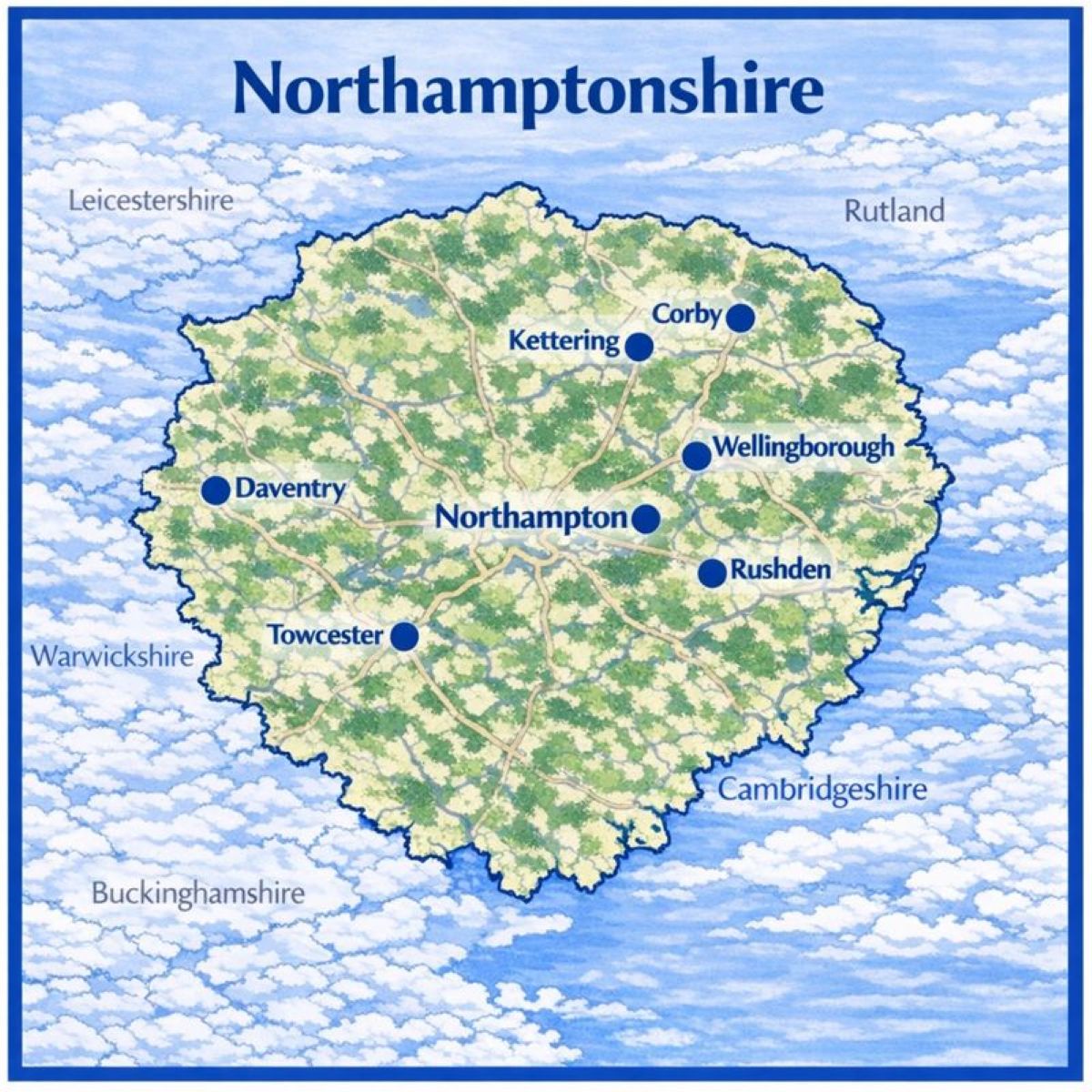 Map of Northampstonshire the UK with mortgage brokers in their respective location