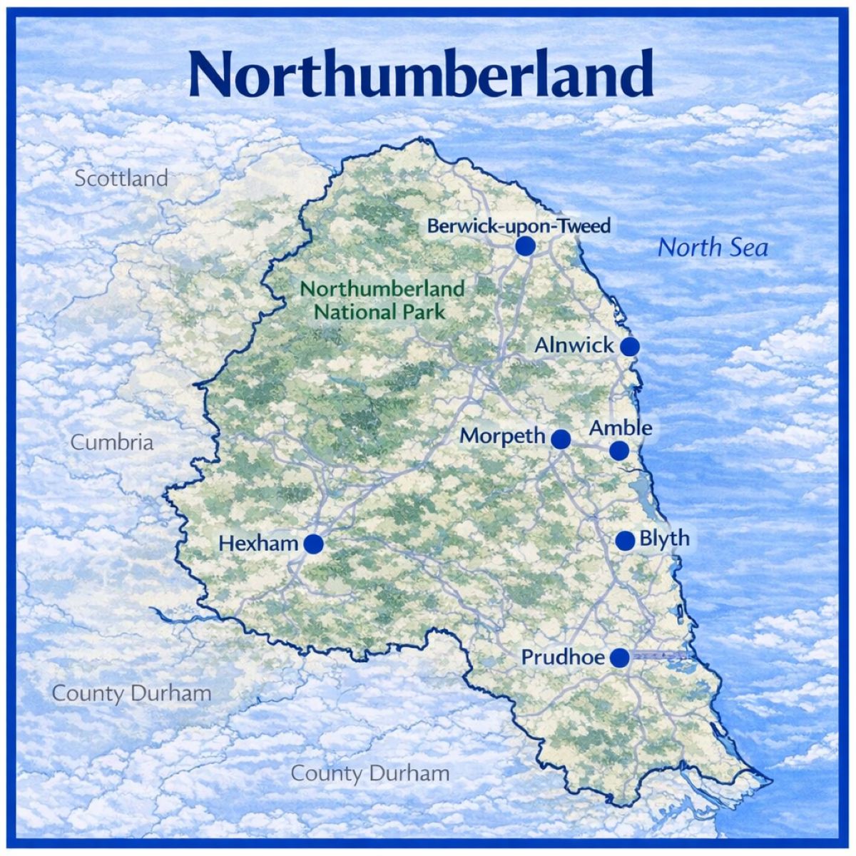 Map of Northumberland the UK with mortgage brokers in their respective location