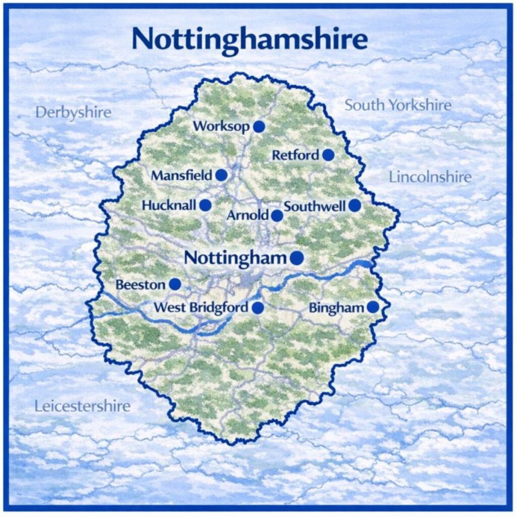 Map of Nottinghamshire the UK with mortgage brokers in their respective location