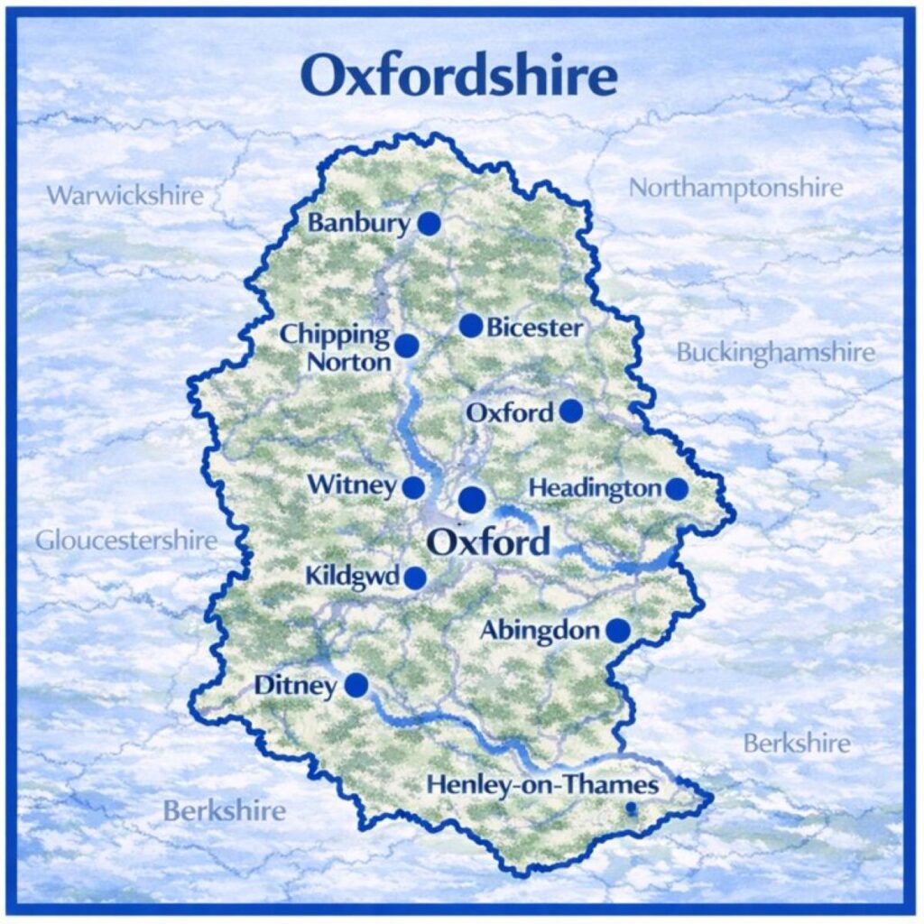 Map of Oxfordshire the UK with mortgage brokers in their respective location