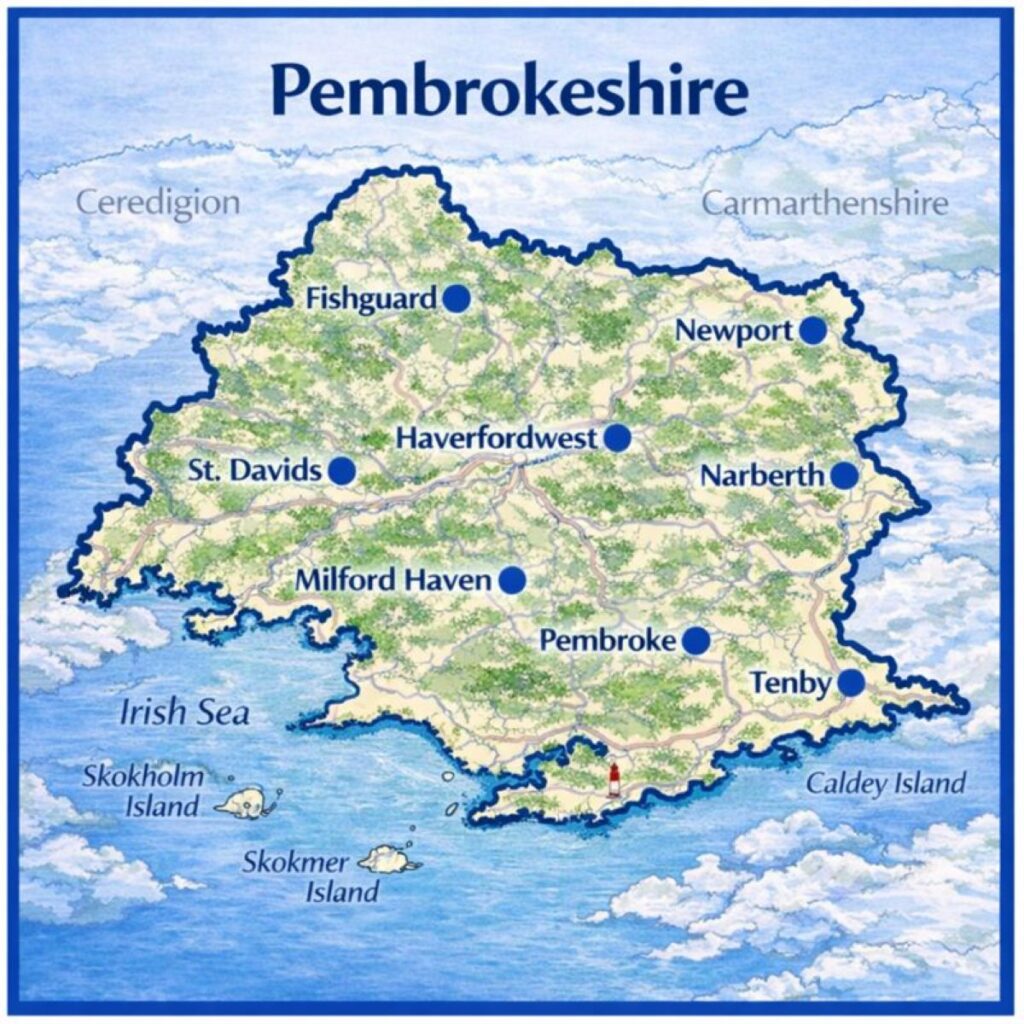 Map of Pembrokeshire the UK with mortgage brokers in their respective location