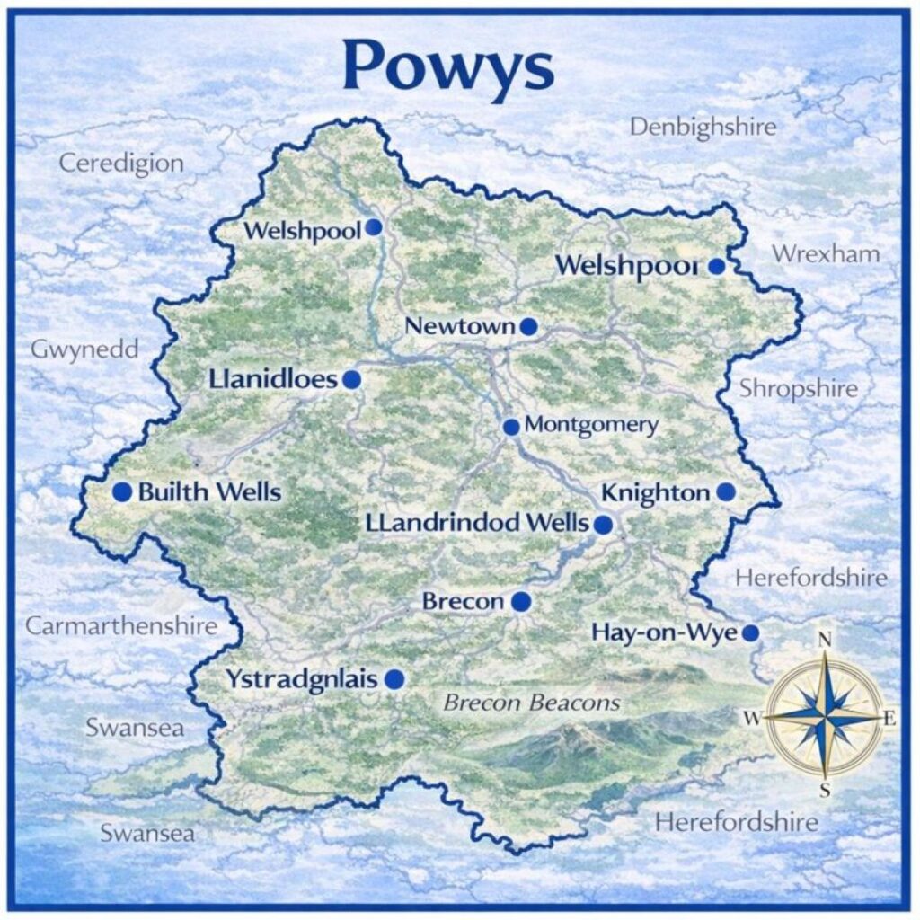 Map of Powys the UK with mortgage brokers in their respective location