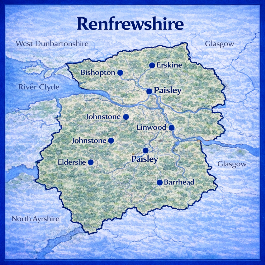 Map of Renfrewshire the UK with mortgage brokers in their respective location
