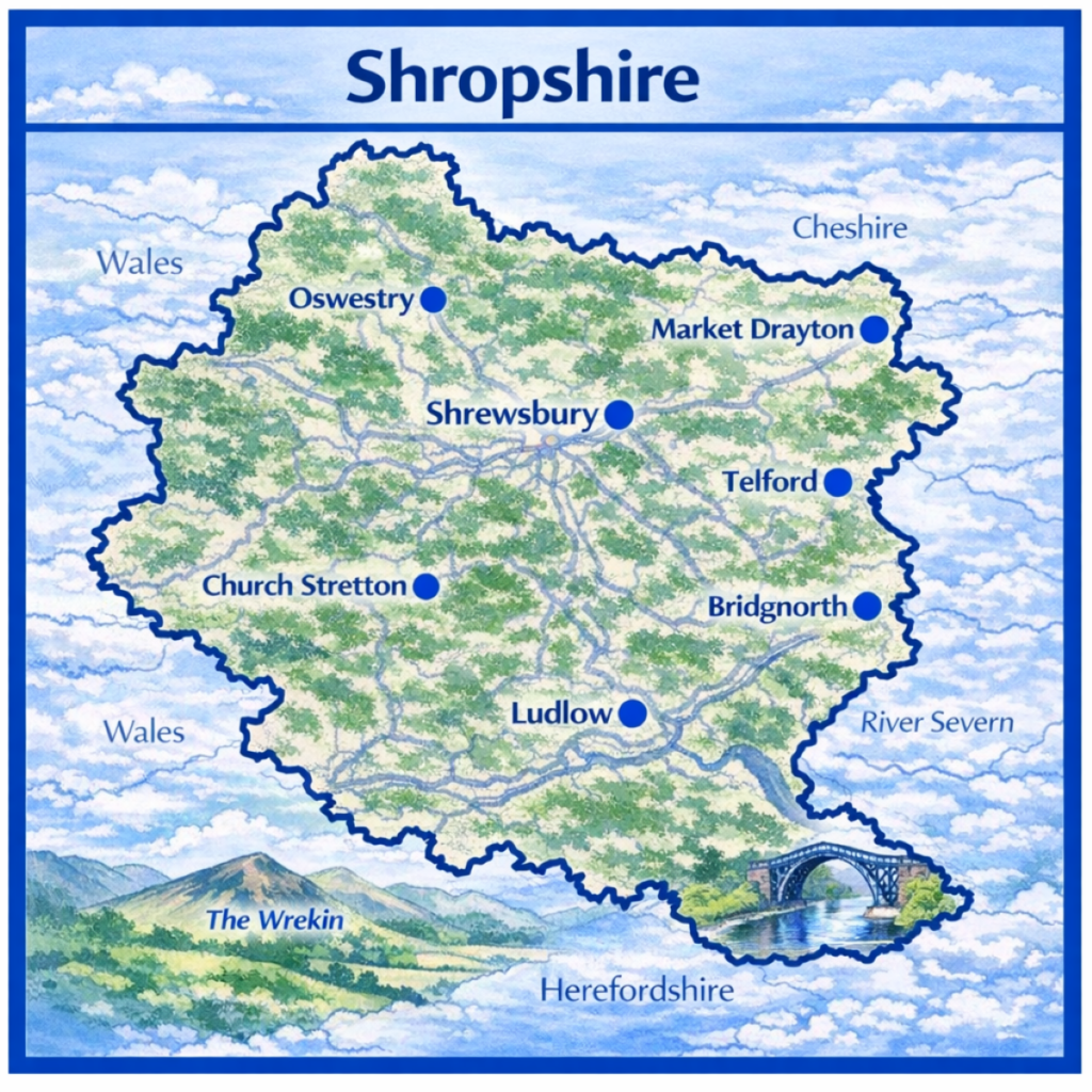 Map of Shropshire the UK with mortgage brokers in their respective location