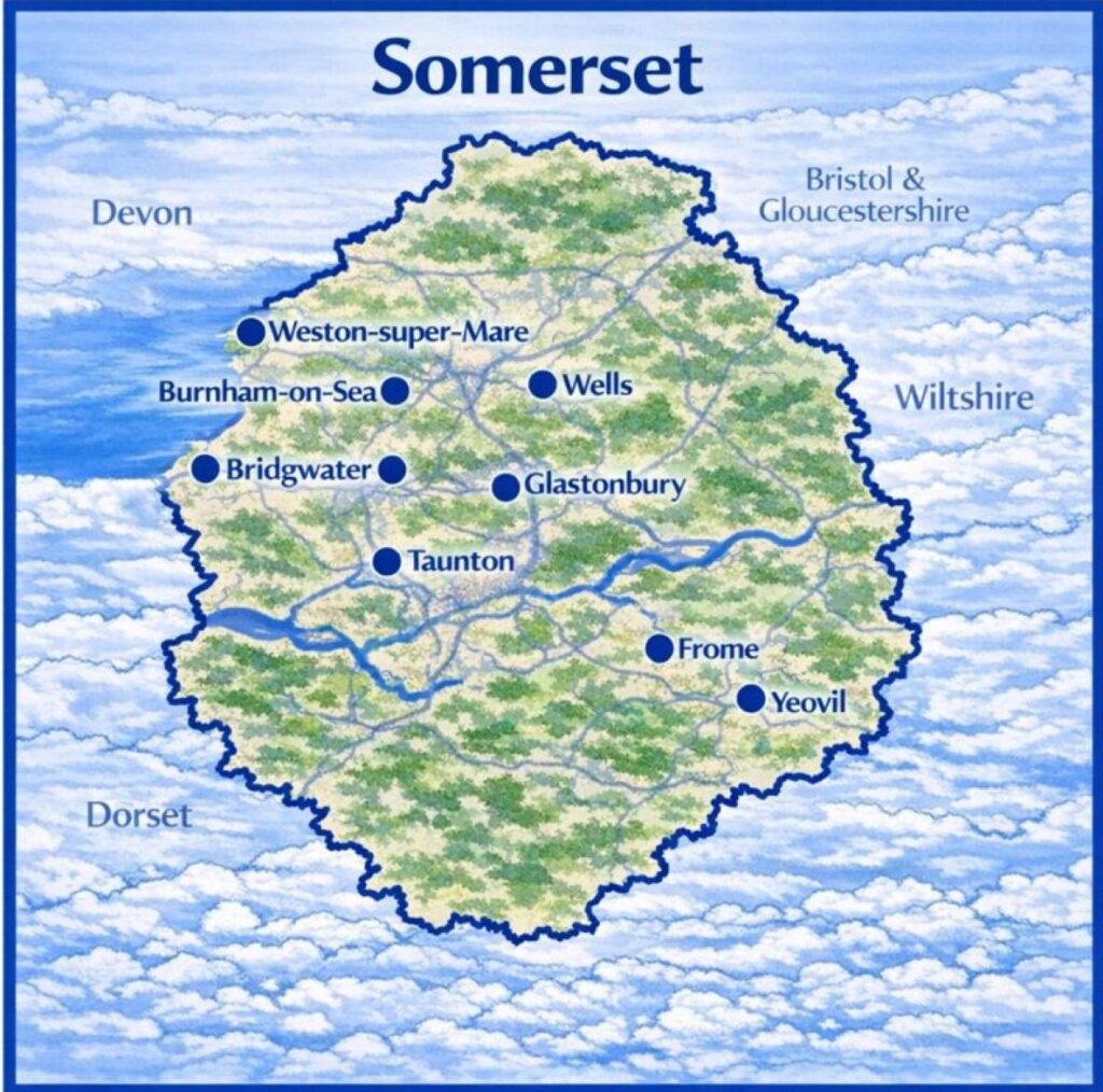 Map of Somerset the UK with mortgage brokers in their respective location