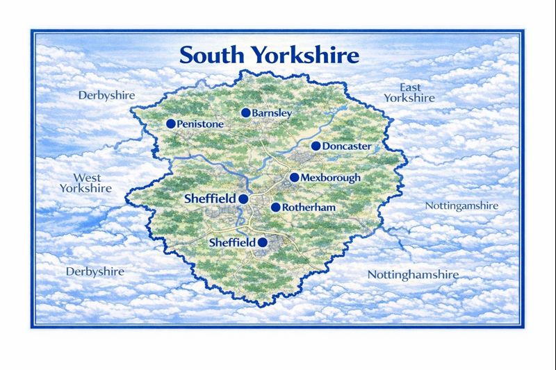 Map of South Yorkshire the UK with mortgage brokers in their respective location