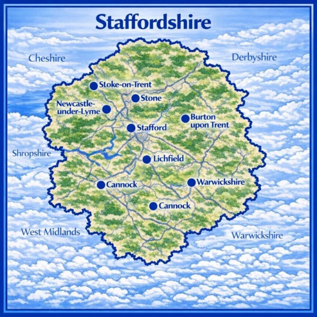 Map of Staffordshire the UK with mortgage brokers in their respective location